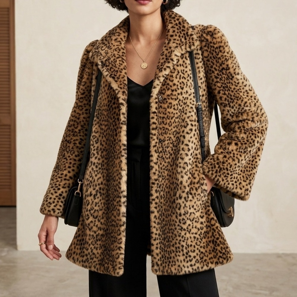 Hillmore NY Faux Fur Leopard Print Women's‎ Tan/Black Vintage Coat Size 12